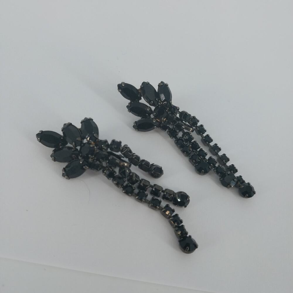 Black Crystal Cluster Dangle Earrings Gunmetal Rhinestone 2" Fashion Jewelry Vtg